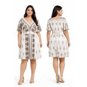 Dressbarn Boho Paisley V-Neck‎ Flutter Sleeve Dress 22W Cottagecore Chic 88-77